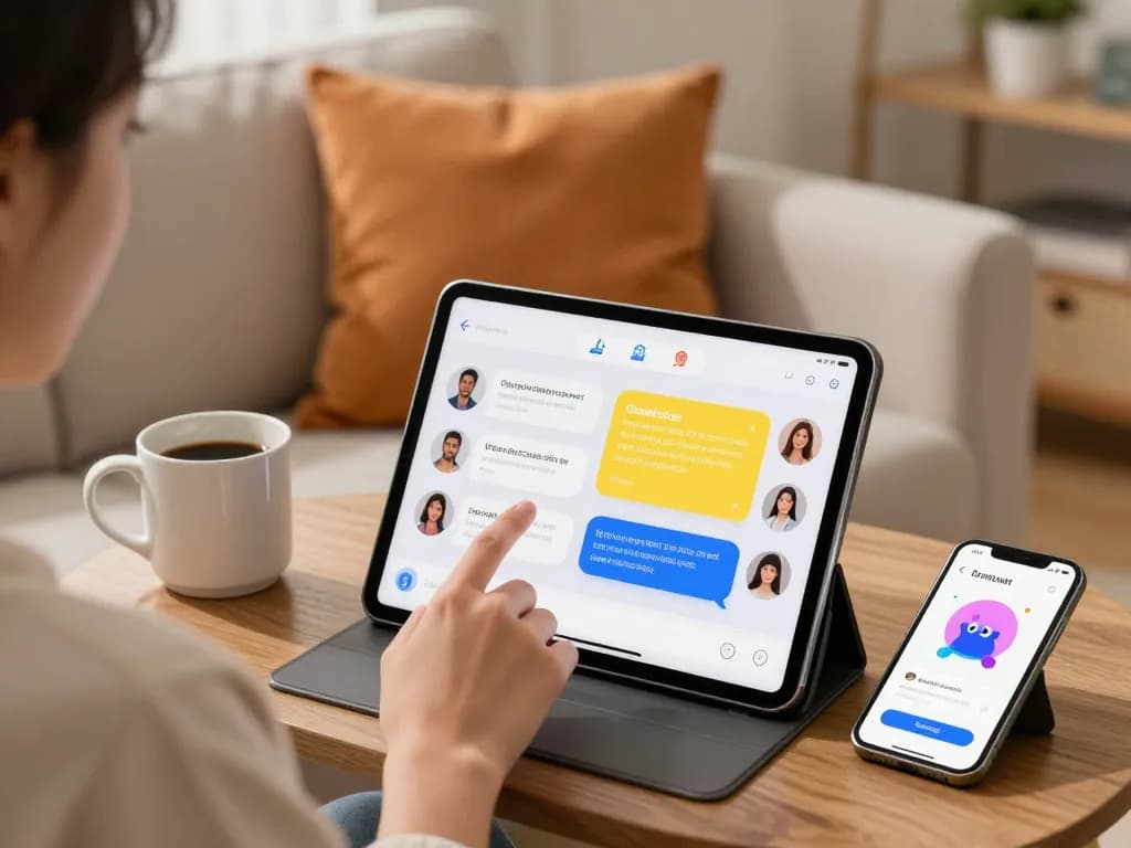 Engaging user interaction with an AI porn chat interface on a tablet showcasing vibrant animated characters.