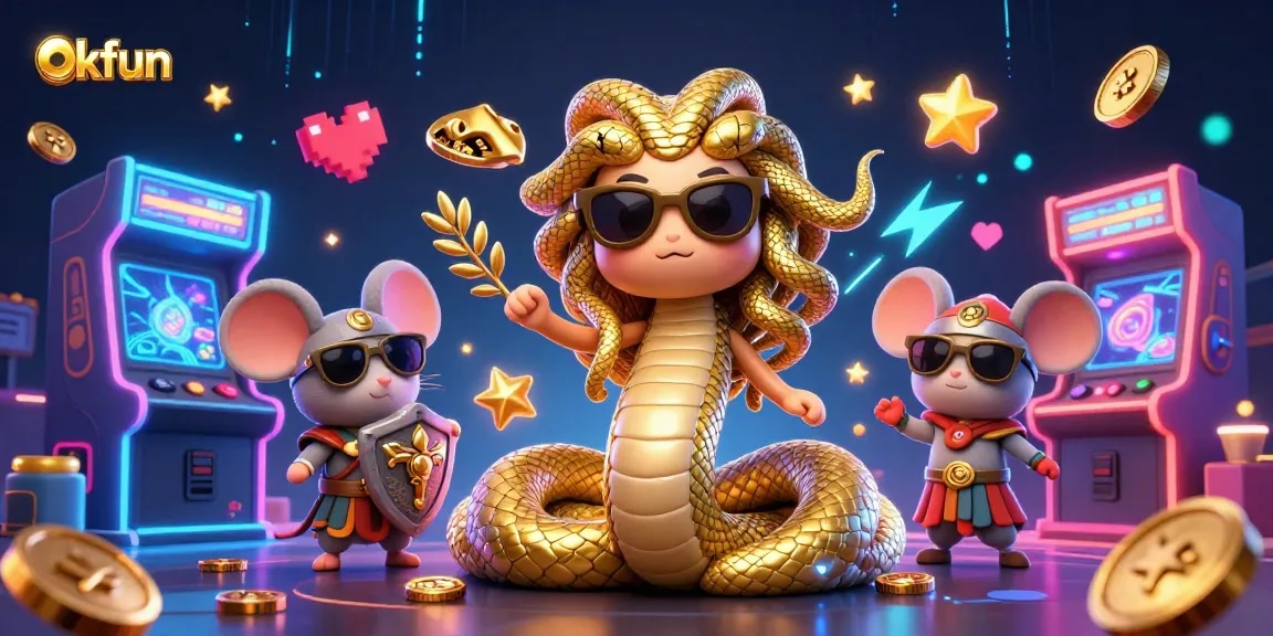 Spin and win with okfun in this vibrant casino-themed 3D illustration featuring lively characters.
