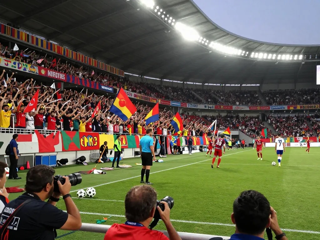 Exciting scene of a football match featuring passionate fans, players in action, and vibrant stadium lights, encapsulating the spirit of ฟุตบอล.