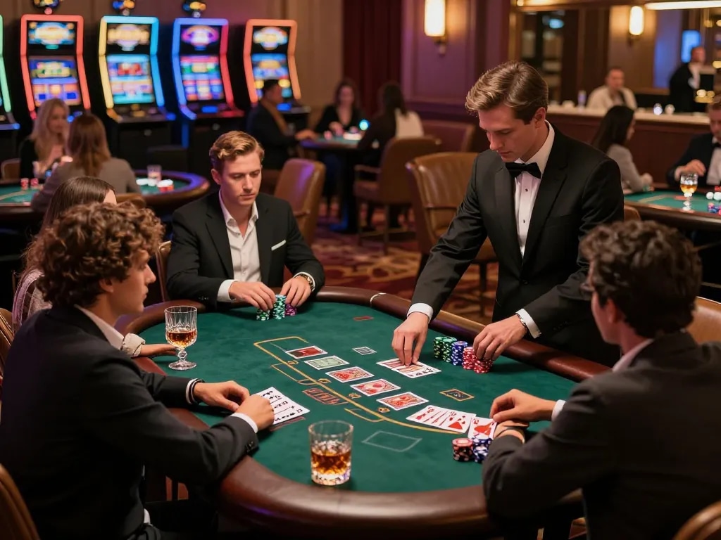Players strategizing at LV88 blackjack table in upscale casino atmosphere with luxurious decor.