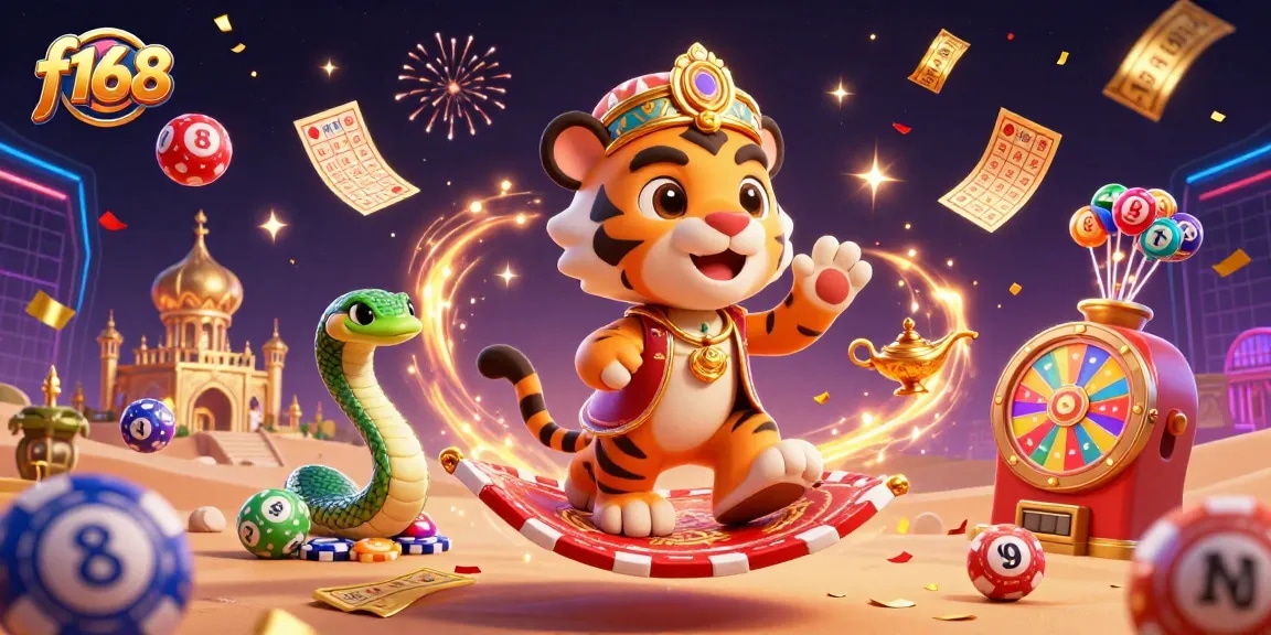 Win big with f168 in a vibrant 3D casino scene featuring lottery elements and dynamic celebrations.