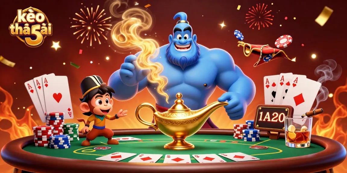 Experience the excitement of kèo nhà cái 5 with a dynamic and colorful 3D casino scene featuring poker elements.