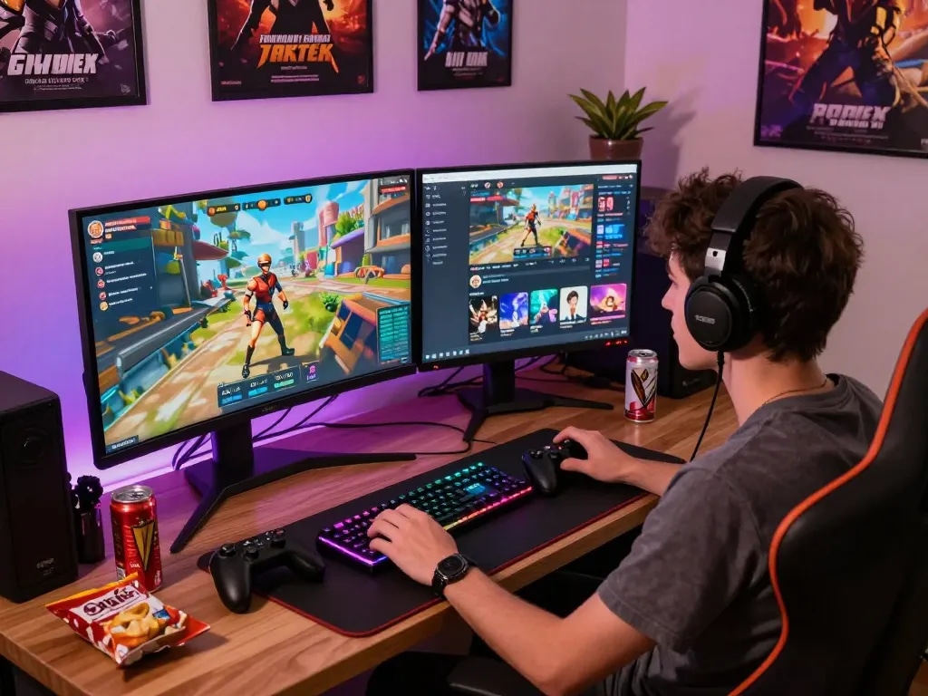 Immersive gaming setup featuring porn games on a large monitor.