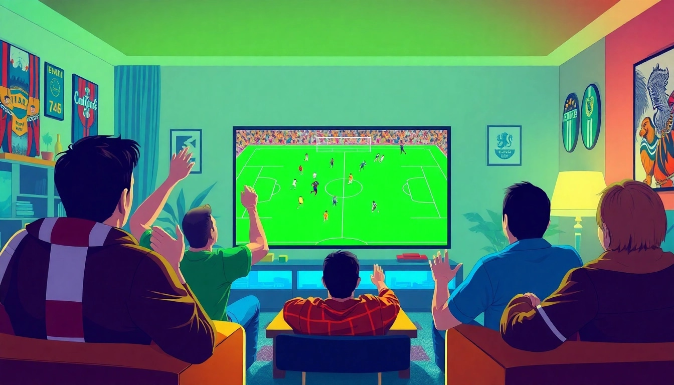 Football fans enjoying a live match on Socolive, surrounded by memorabilia and a vibrant atmosphere.
