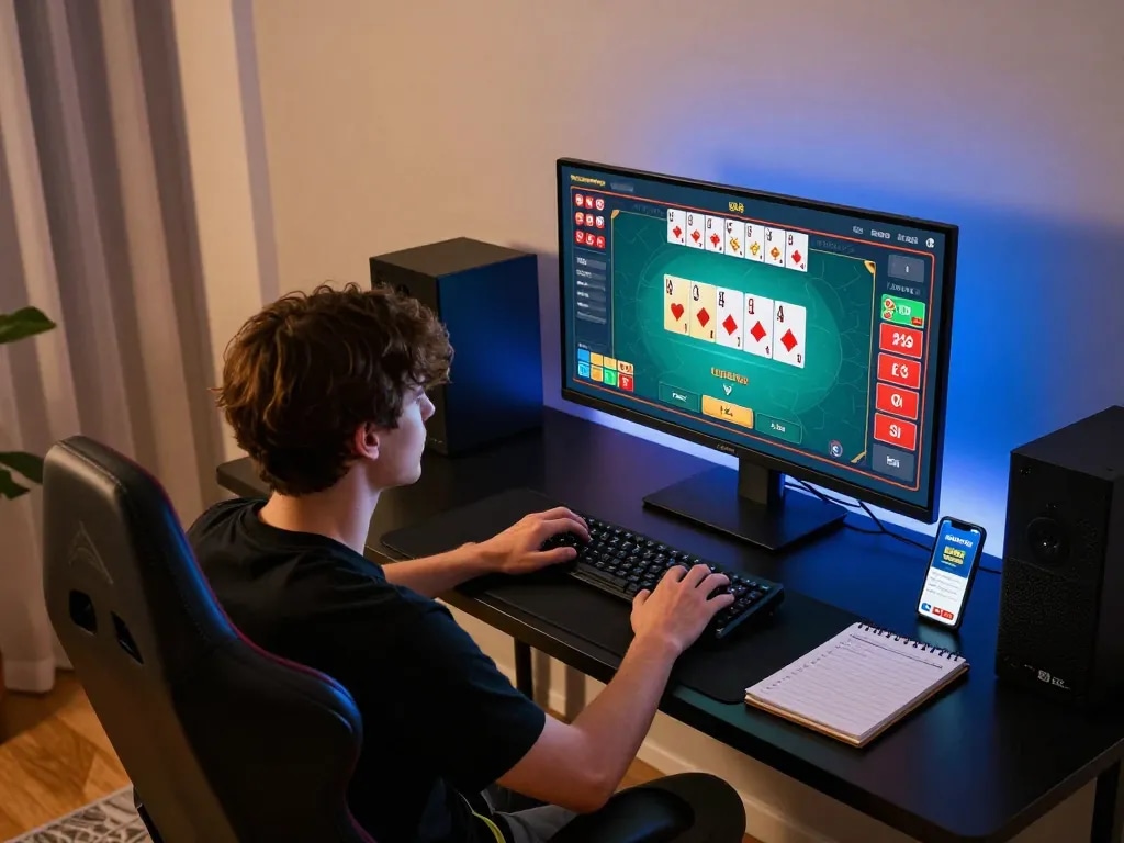 Engaging in an exciting LODE88 online poker game at a modern home gaming setup, showcasing strategy and focus