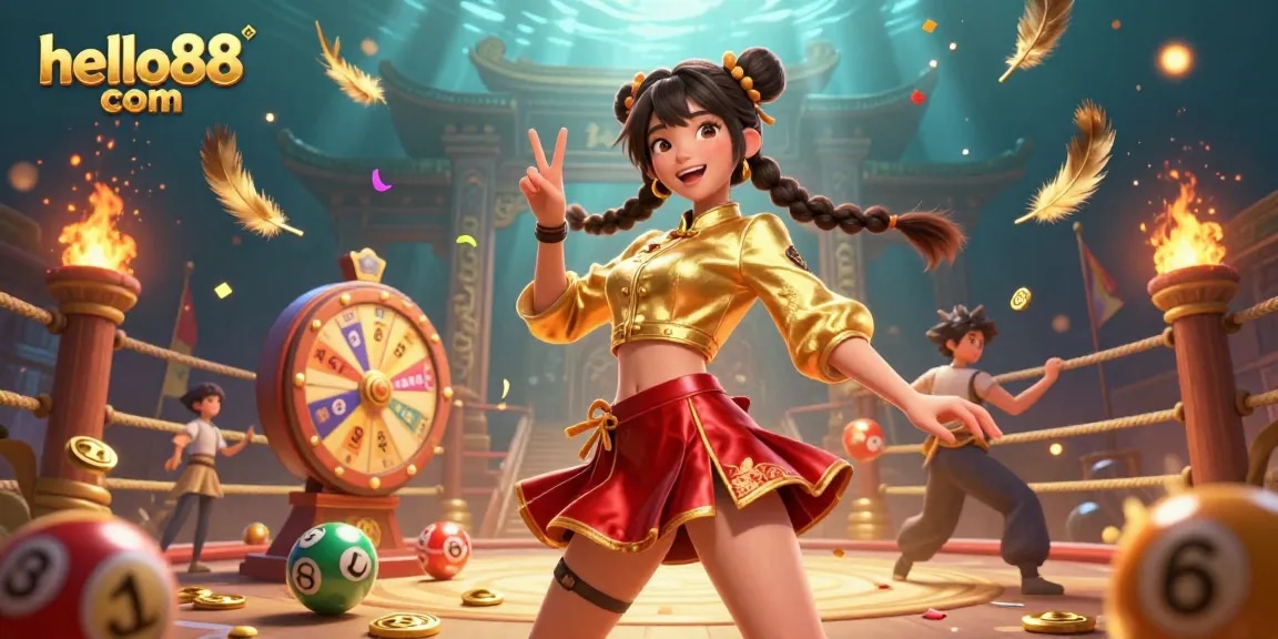 Experience excitement at hello88 com with vibrant casino elements and an energetic character in a dynamic scene.