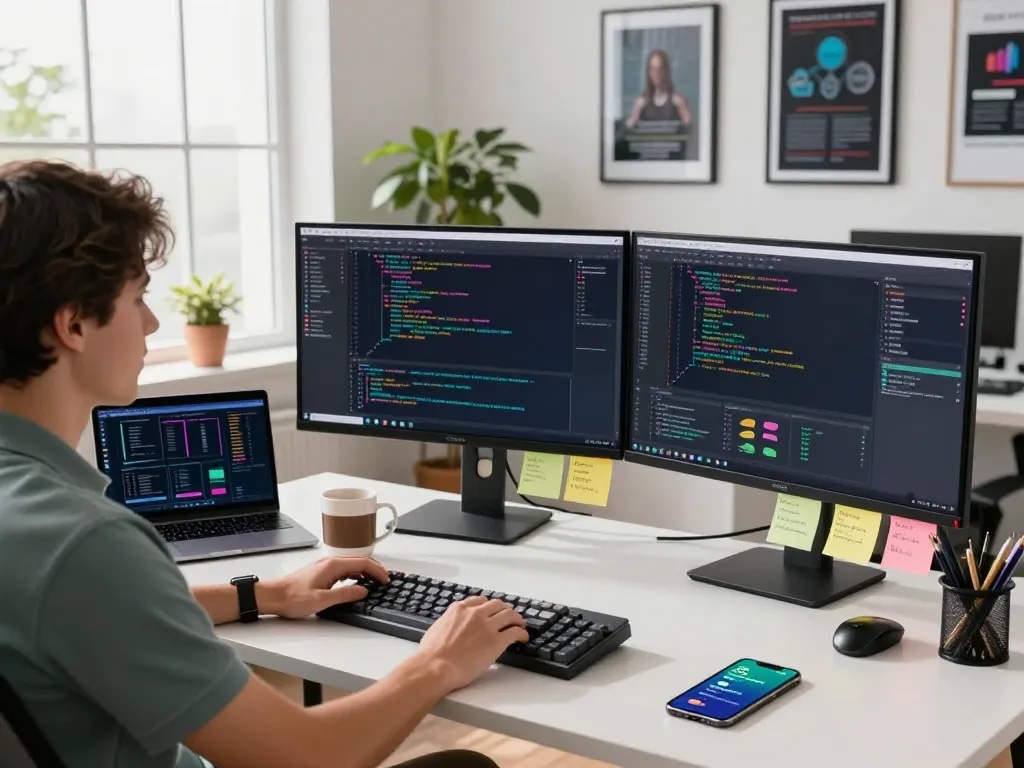 openclawd software development workspace showcasing dual monitors with code and communication apps in a modern office