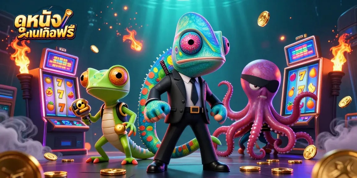 Play ดูหนังออนไลน์ฟรี while enjoying vibrant slot machines and animated gaming elements in an exciting casino atmosphere.