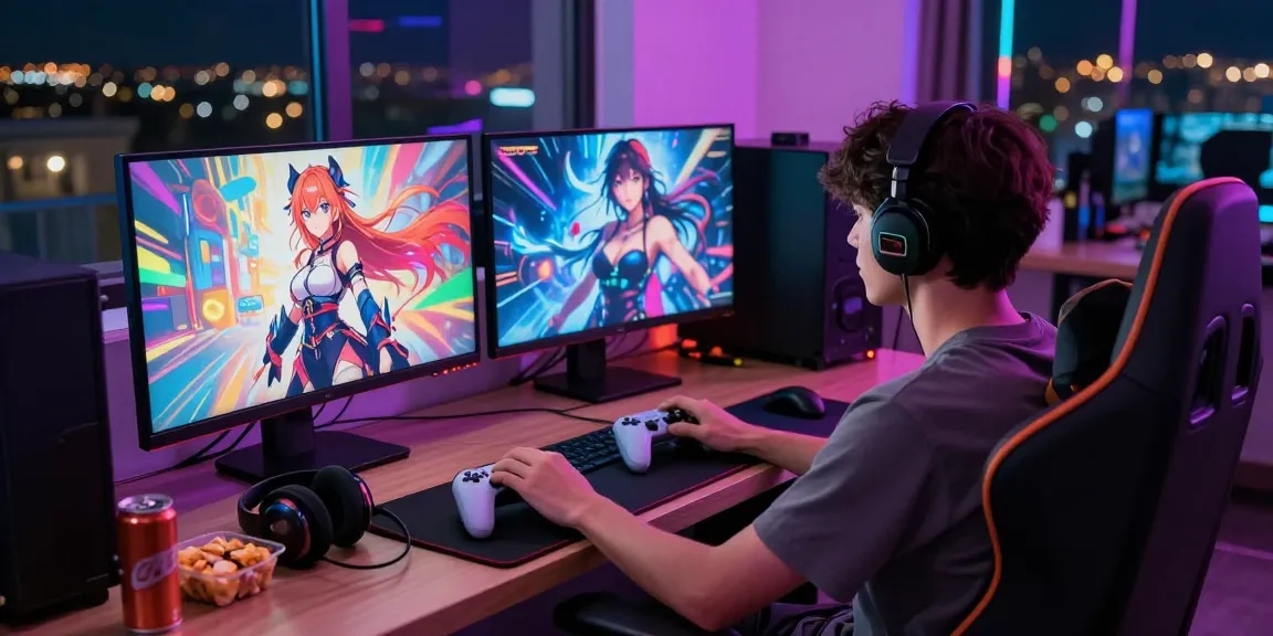 Engaged player enjoying a vibrant hentai game in a lively gaming lounge.