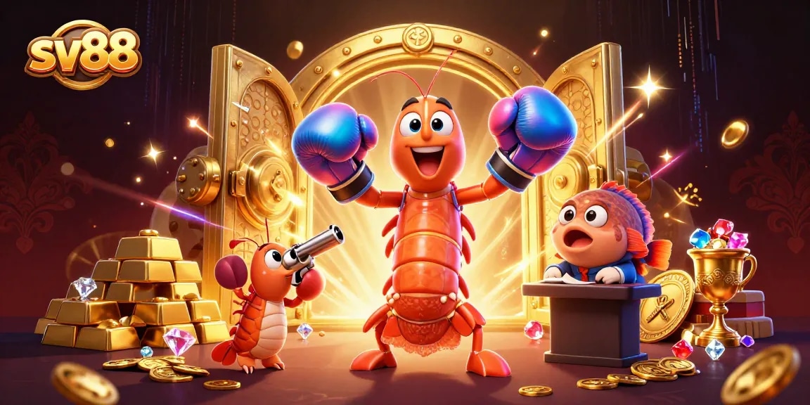 Win big with sv88 in this vibrant 3D illustration featuring themed gambling characters and elements.