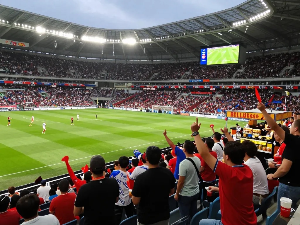 A packed stadium during a live football match, fans cheering for their teams with excitement, capturing the essence of 7m sports events.