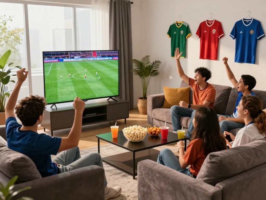 Friends enjoying ดูบอล in a lively living room, capturing the excitement of live football.