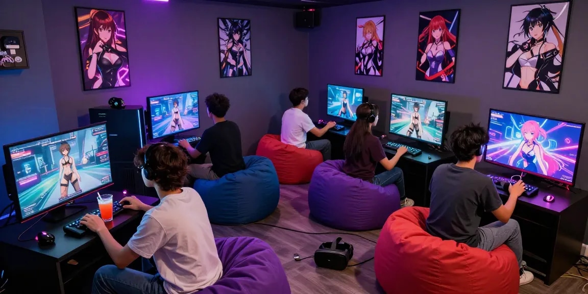 Players enjoying degrees of lewdity in a vibrant gaming lounge with interactive visuals.