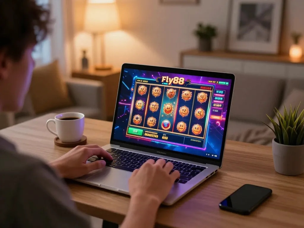 Player spins the reels in an immersive fly88 online casino experience at home.