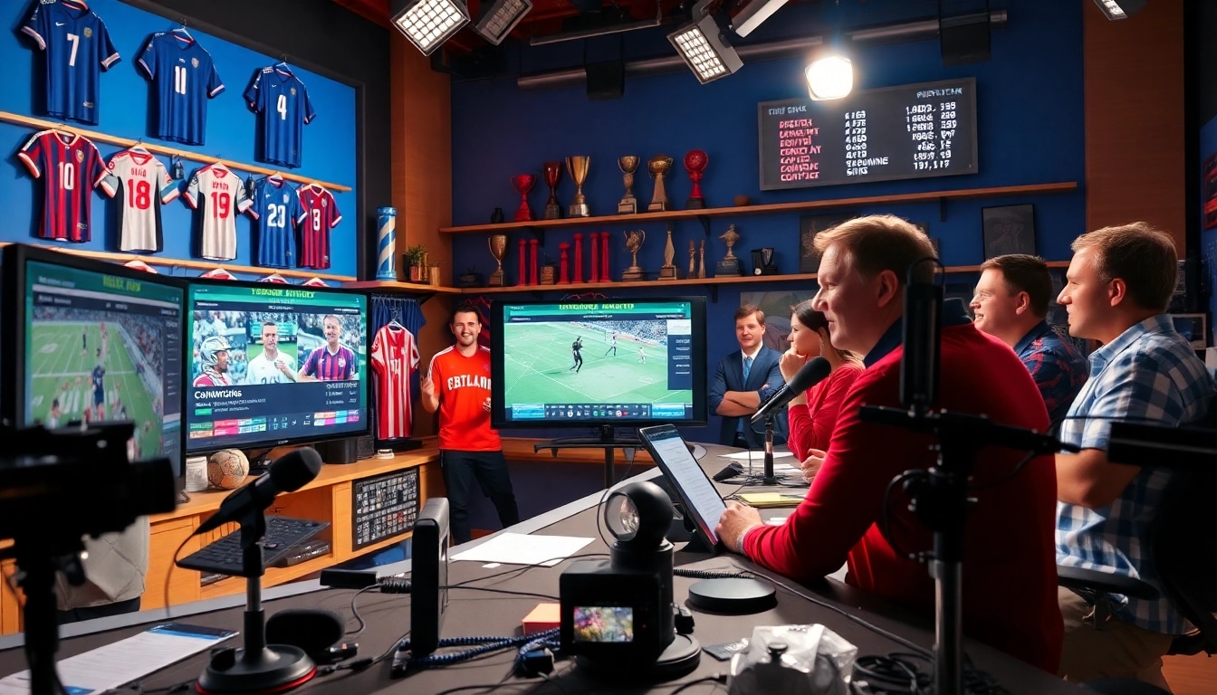 Dynamic sports broadcasting team discussing live sports events in an energetic studio setting.