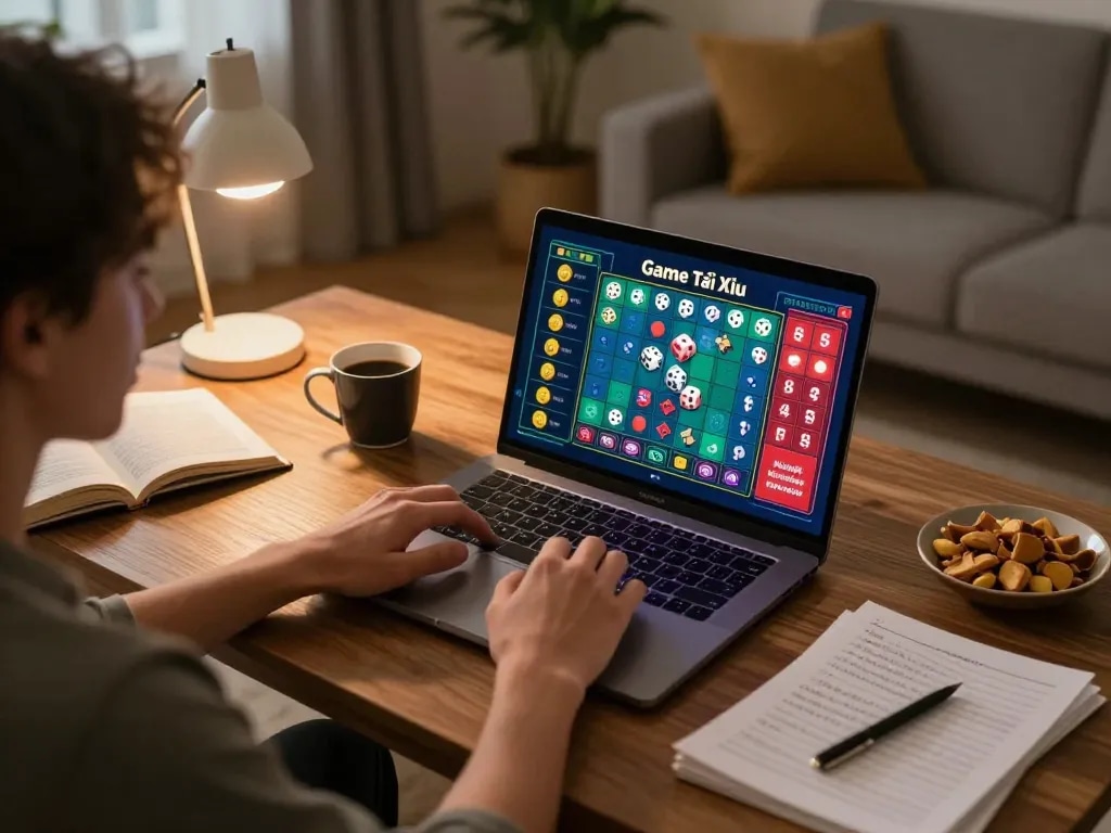 Player enjoying Game Tài Xỉu on laptop with vibrant interface, cozy home environment, strategic gambling.