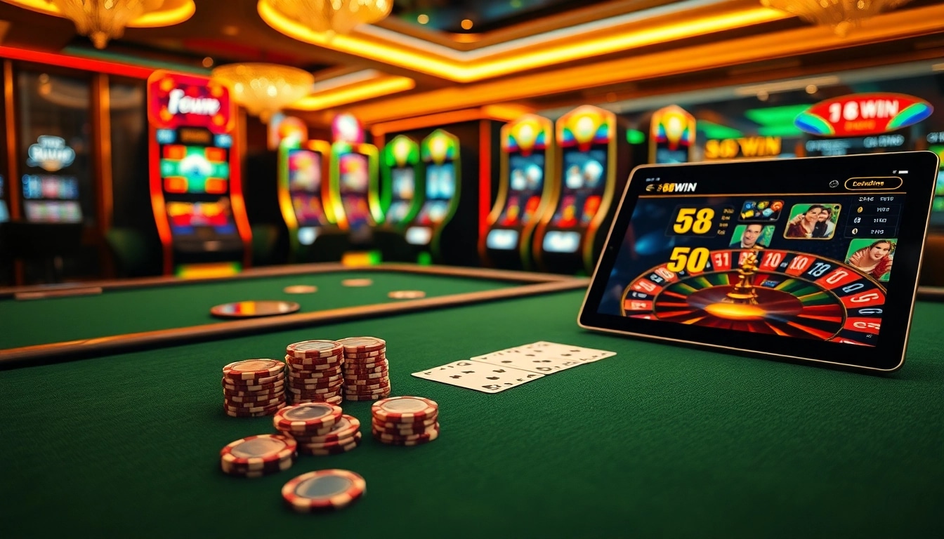 Experience thrilling poker action at 58WIN's modern casino table with vibrant slot machines.