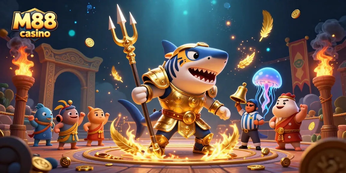 M88 casino offers thrilling underwater betting excitement with a golden shark gladiator ready to win.