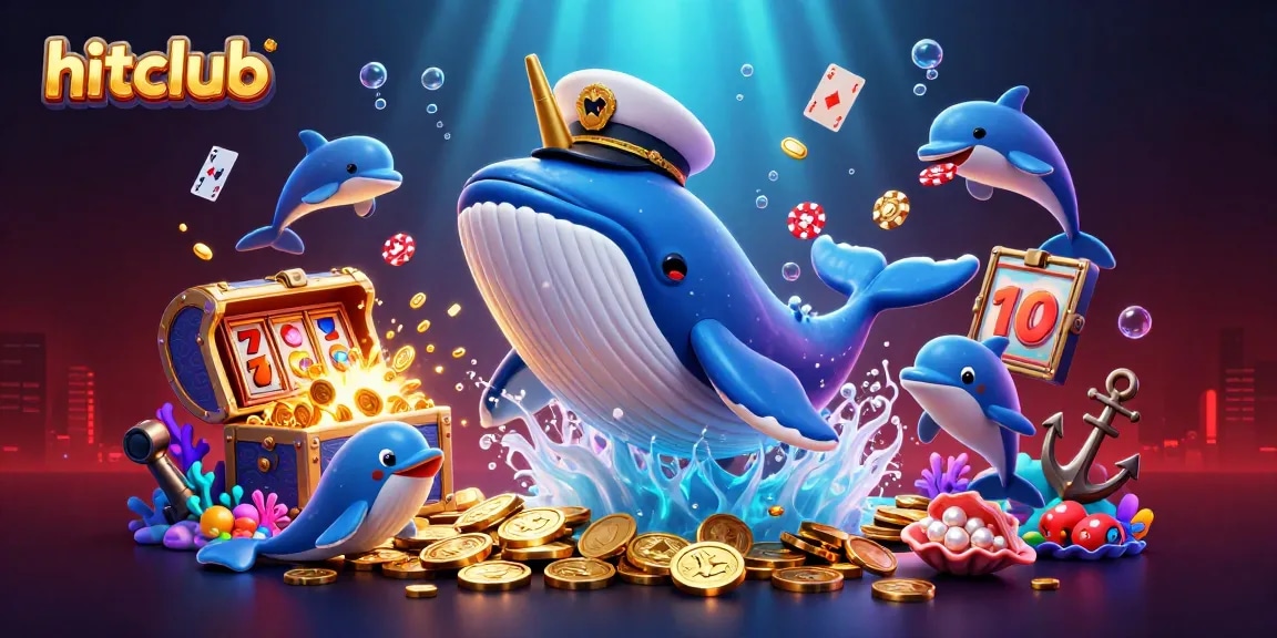 Hitclub showcases a vibrant 3D scene with playful dolphins and a captain whale in a jackpot treasure hunt.