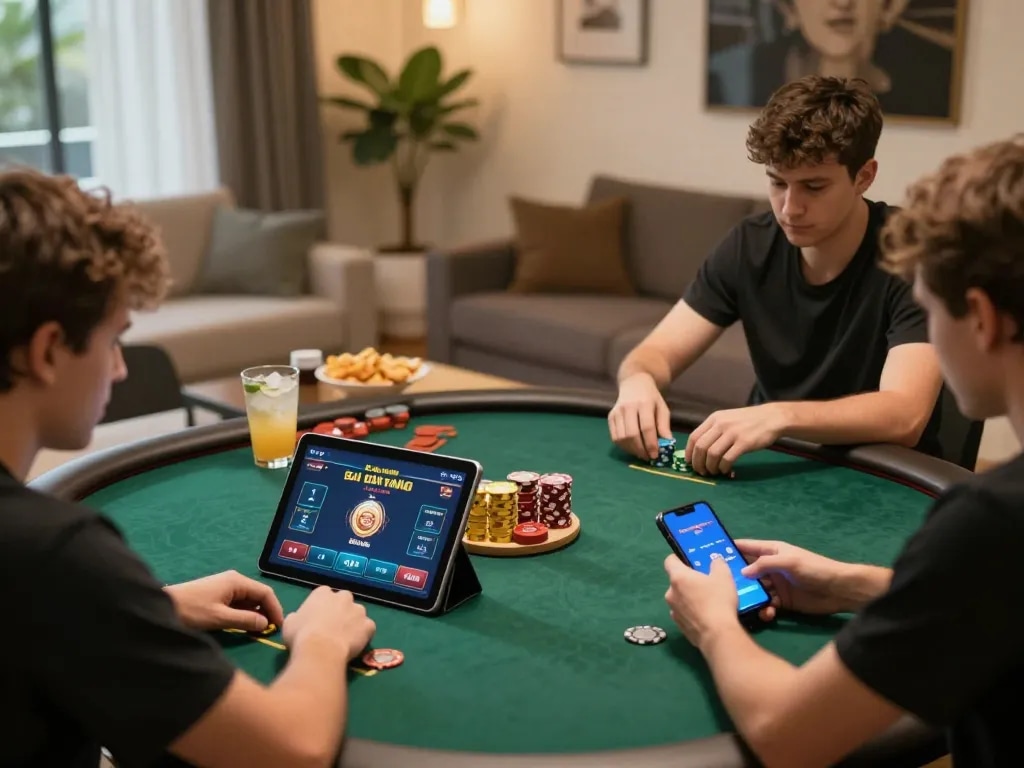 Engaged players enjoying Game Bài Đổi Thưởng on tablets and smartphones in a cozy home setting