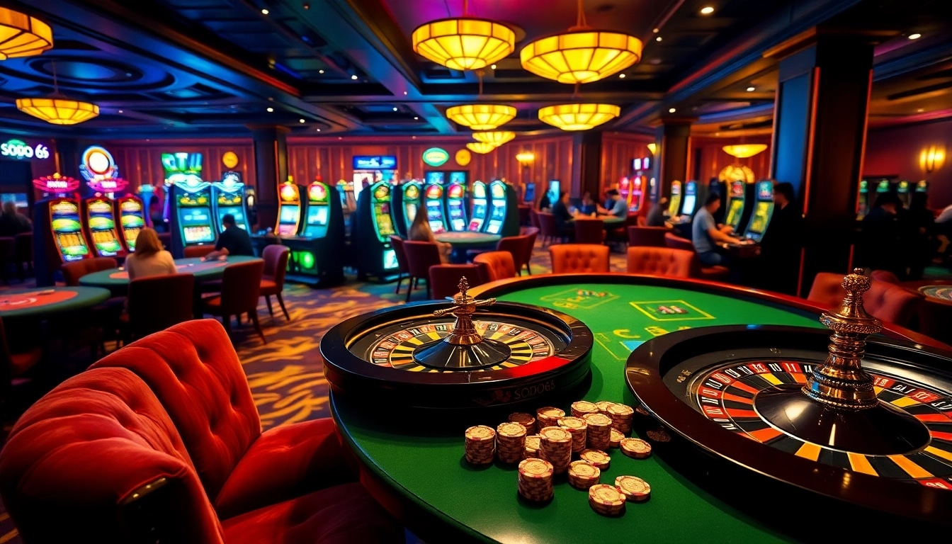 SODO66 hosts a lively gaming atmosphere with poker chips, roulette wheel, and slot machines.