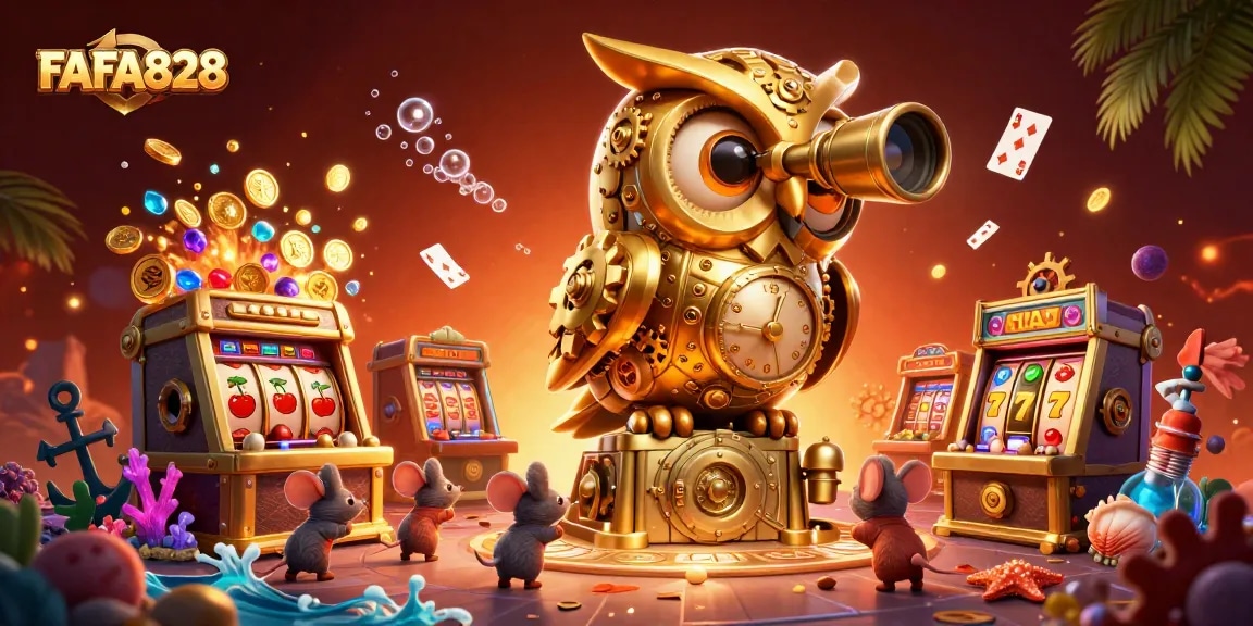 Engage in thrilling gameplay with FAFA828 and the lively clockwork owl on a vibrant casino floor.