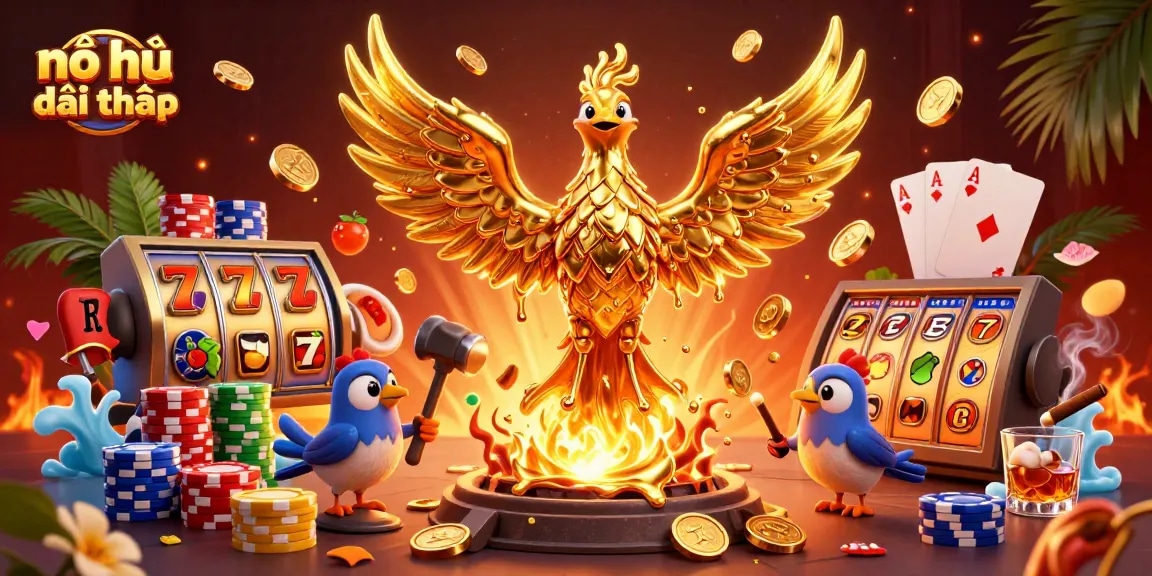 Experience nổ hũ đổi thưởng with a dynamic, illustrated scene of golden phoenix and gaming elements.
