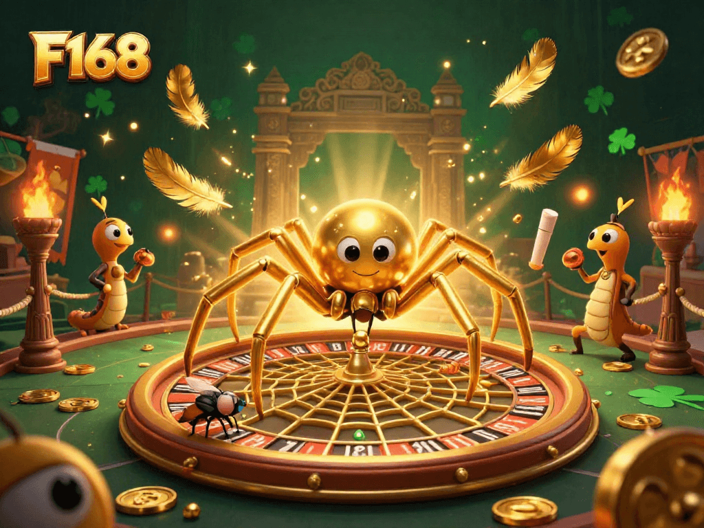 F168 engages players with thrilling bets as a golden spider spins a roulette wheel web.