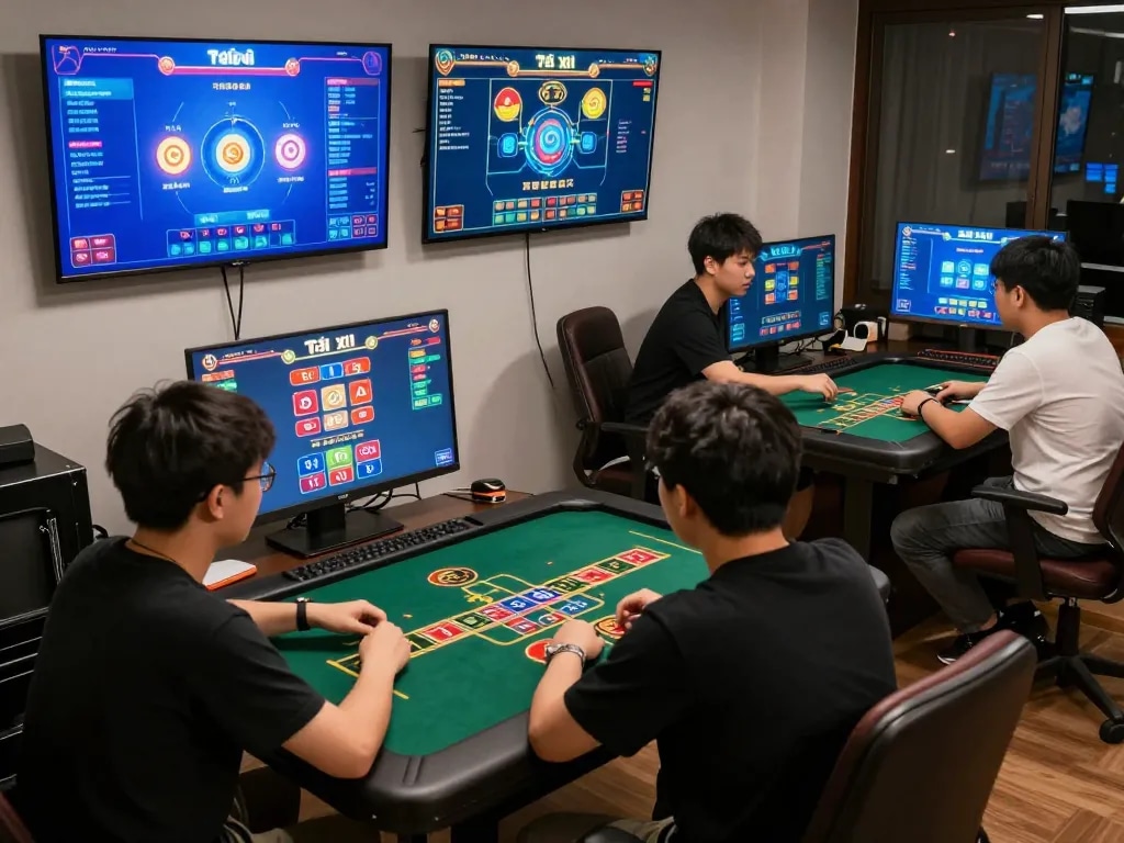 Tài xỉu online: Engaging players strategizing their bets in a vibrant online gaming setup