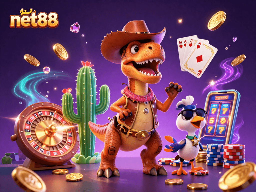 Spin the reels at net88 with a dinosaur, cactus, and roadrunner showcasing vibrant casino elements.