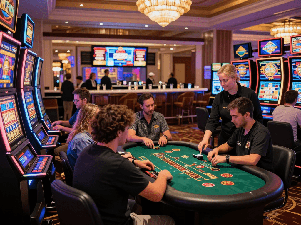 Exciting gaming scene at casinos not on Gamstop, featuring players at modern slot machines and blackjack tables in a vibrant atmosphere.