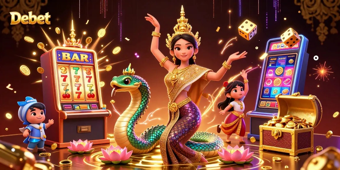 Engage with Debet’s vibrant casino atmosphere featuring slot machines, colorful characters, and jackpot excitement.