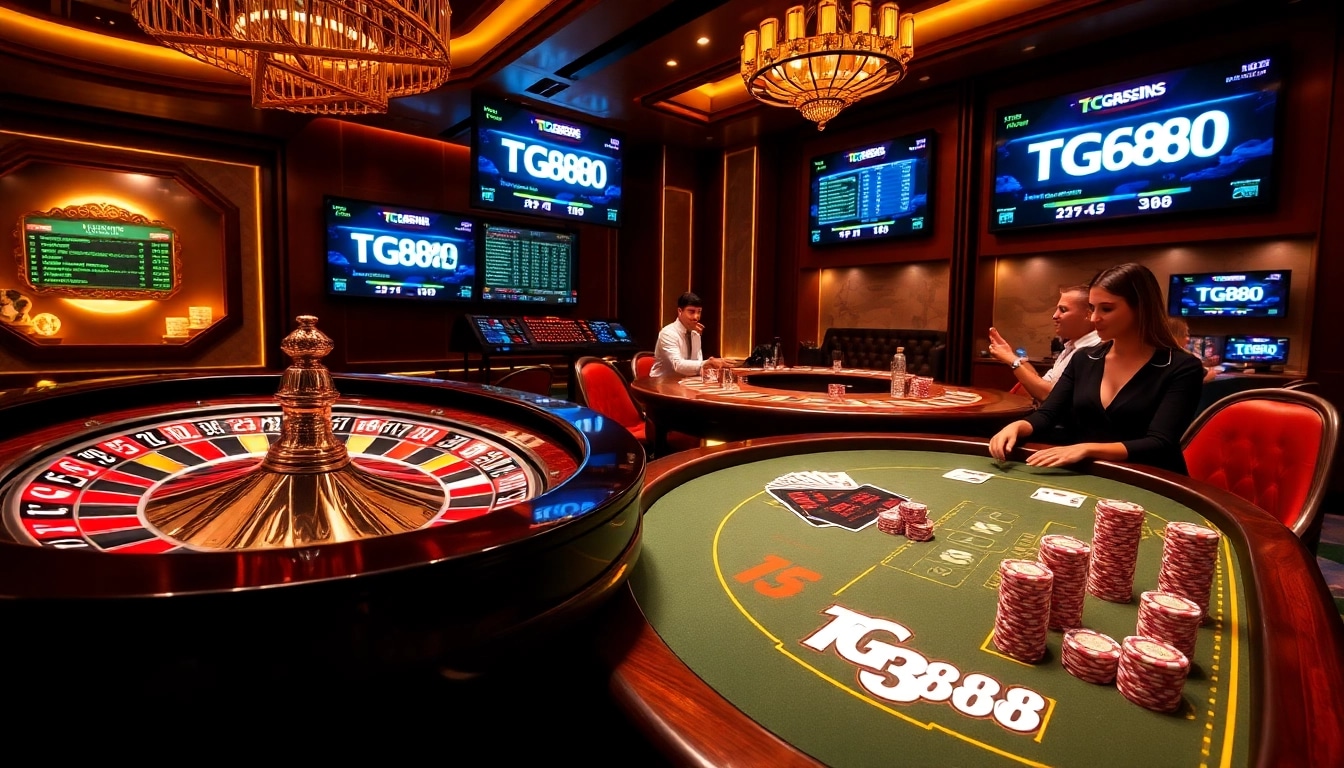 Experience the thrilling atmosphere of TG888 with a vibrant casino scene featuring roulette wheels and poker tables.