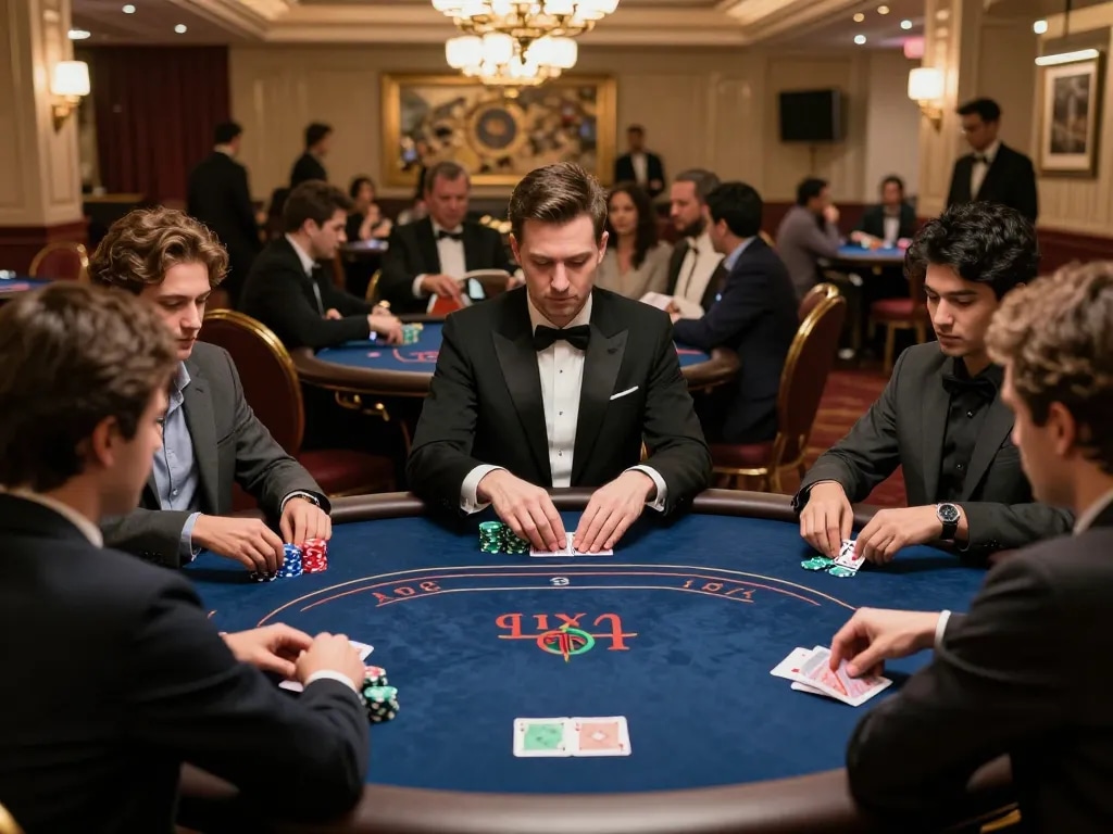 Engaged players at Say88 poker table focusing on strategy and gameplay in a luxurious casino setting