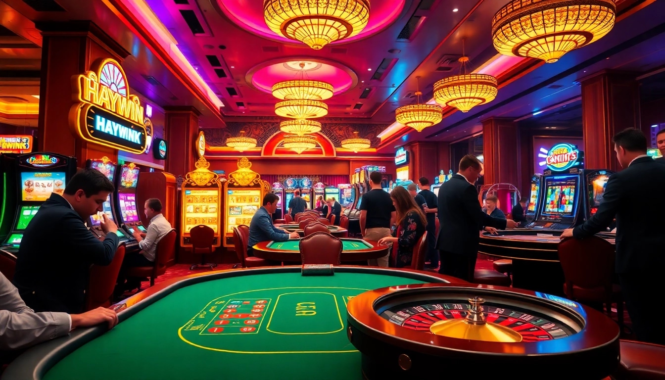 Experience the thrill of Haywin with lively casino scenes featuring poker, slots, and roulette.