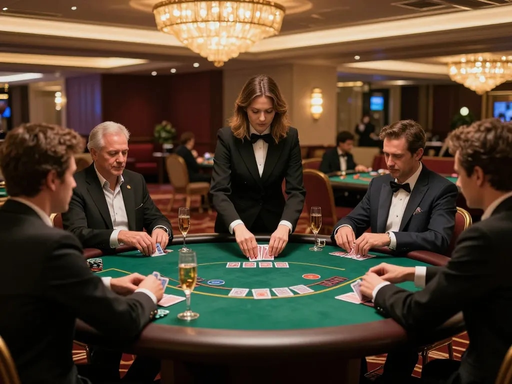 Players at luck8 com enjoying a round of poker in a luxurious casino setting.