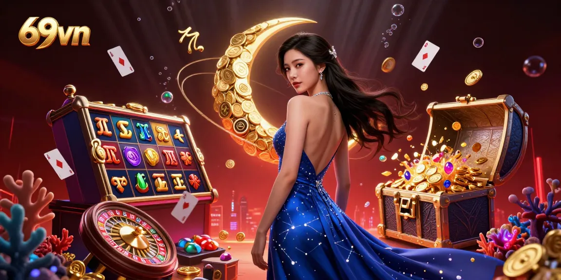 Win big at 69vn's casino with a stunning night-sky backdrop and rich game elements.