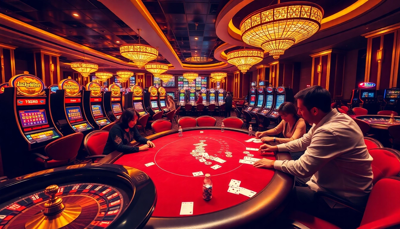 Experience the thrill of LuckyWin at an exciting casino table with vibrant games and rich colors.