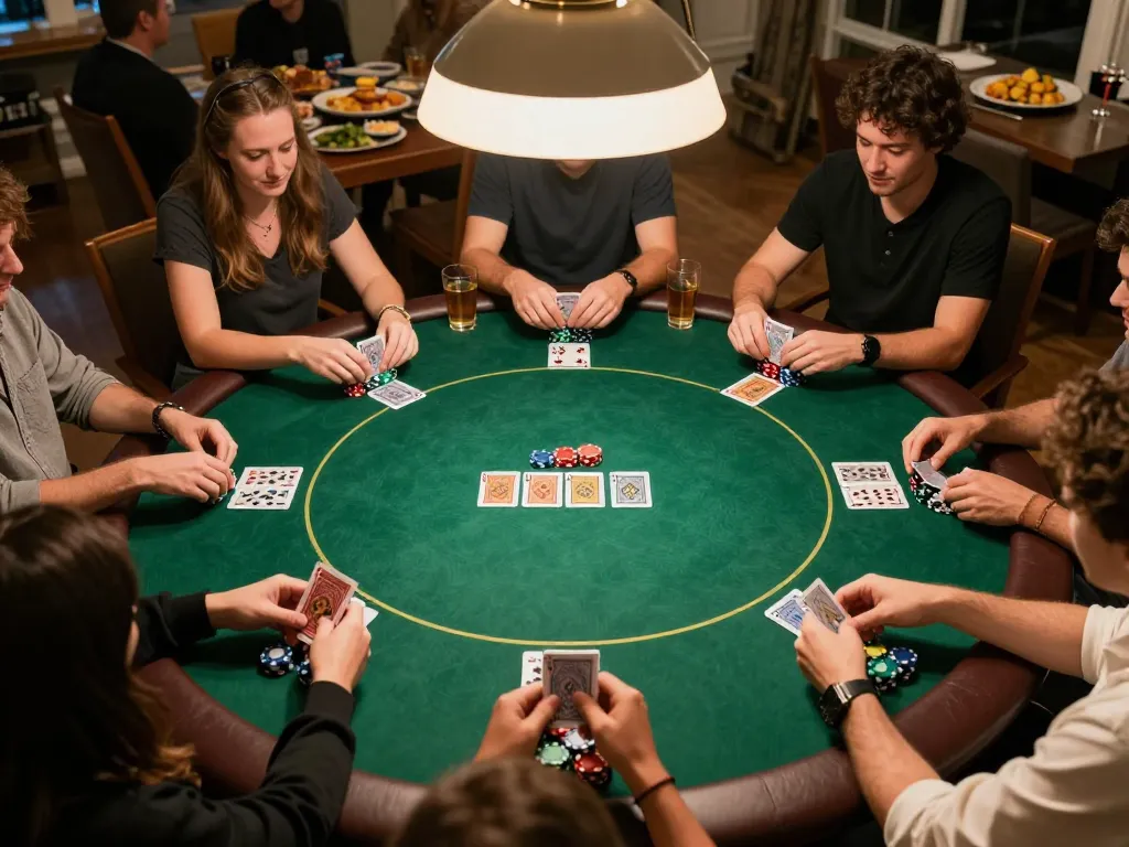 Participants enjoying a home poker game night, showcasing strategic gameplay while engaging with nhacaiuytinn.