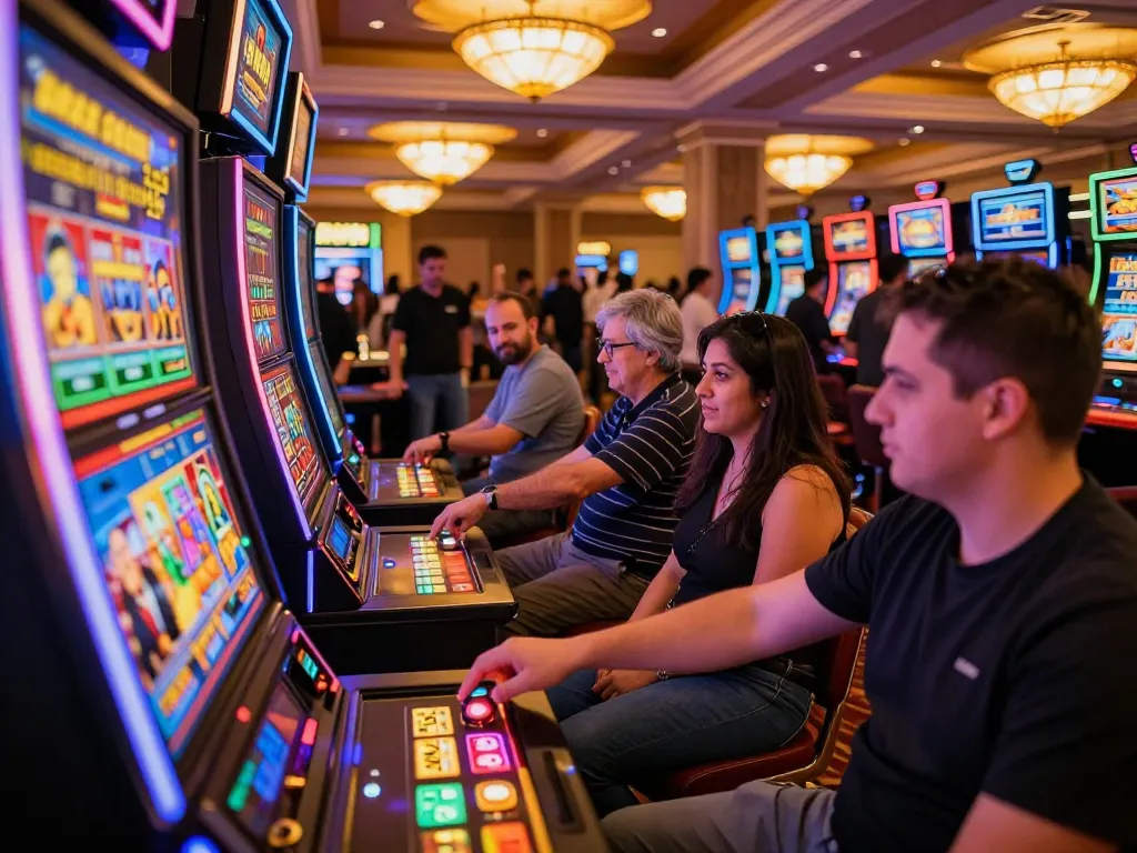 Engaged player spinning slots at 33win casino, vibrant atmosphere with neon lights and lively activity