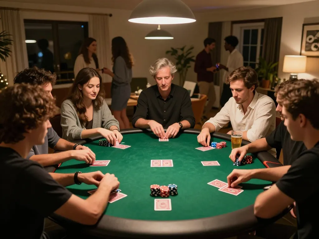Engaging poker night scene showcasing players at a table on gamebaidoithuong8 website, emphasizing strategic gameplay and social interaction.