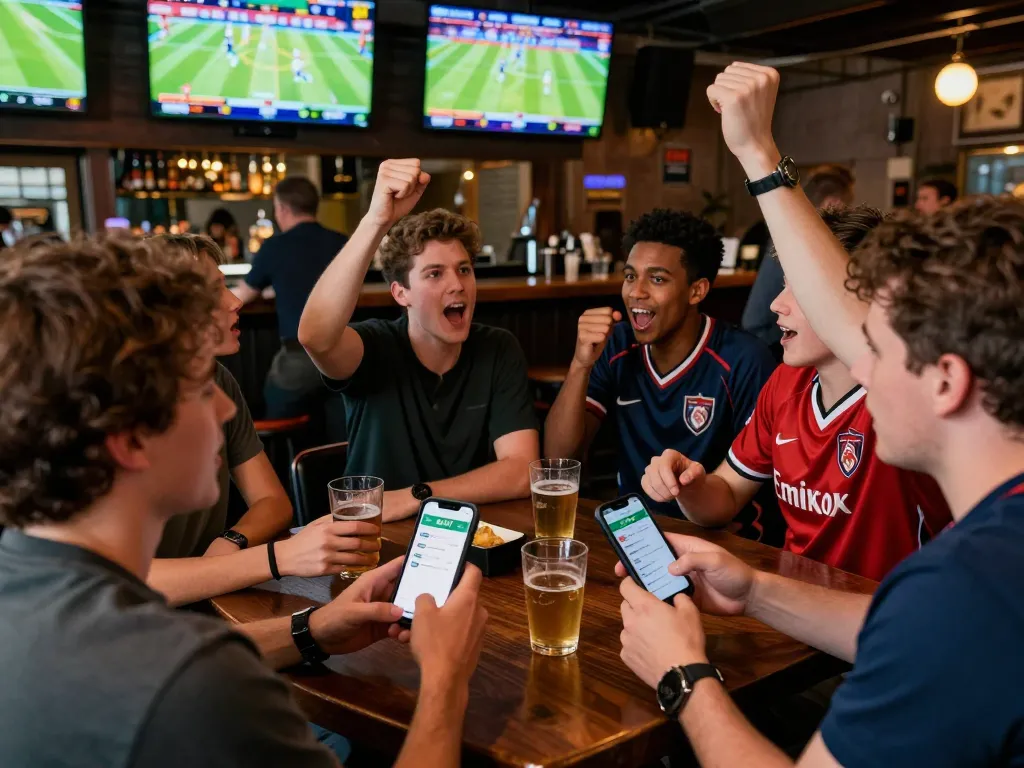 Friends watching sports and placing bets using the km777 app, creating an exhilarating betting atmosphere