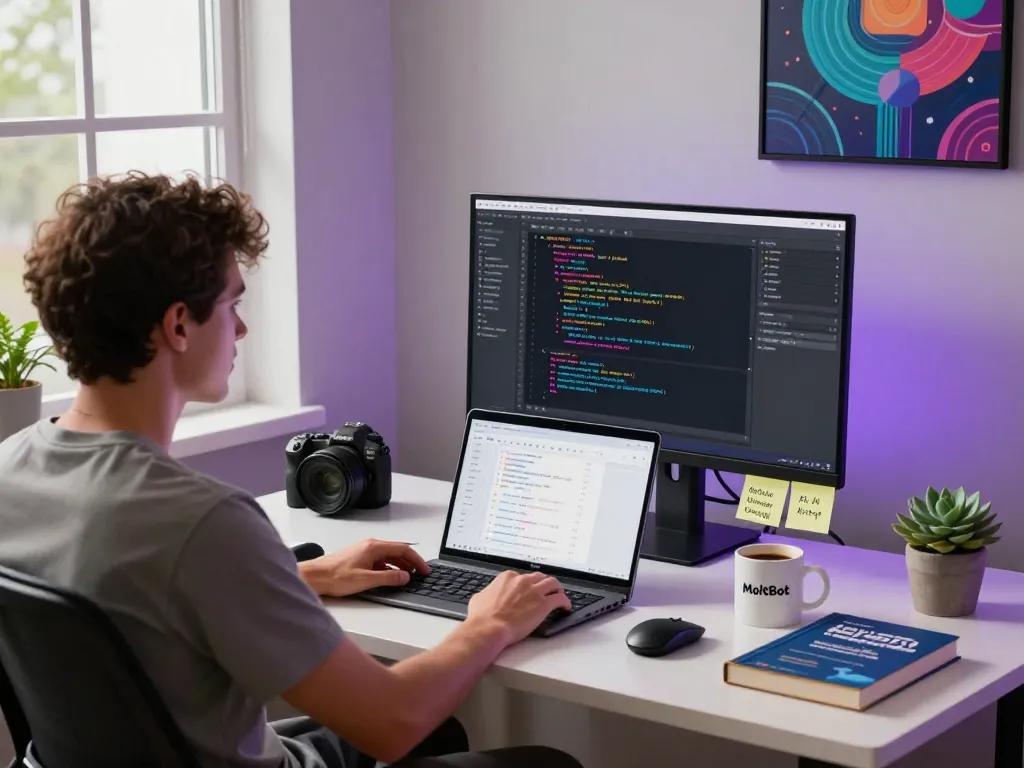 Developer using moltbot ai features in a vibrant workspace with coding tools and tech decor.