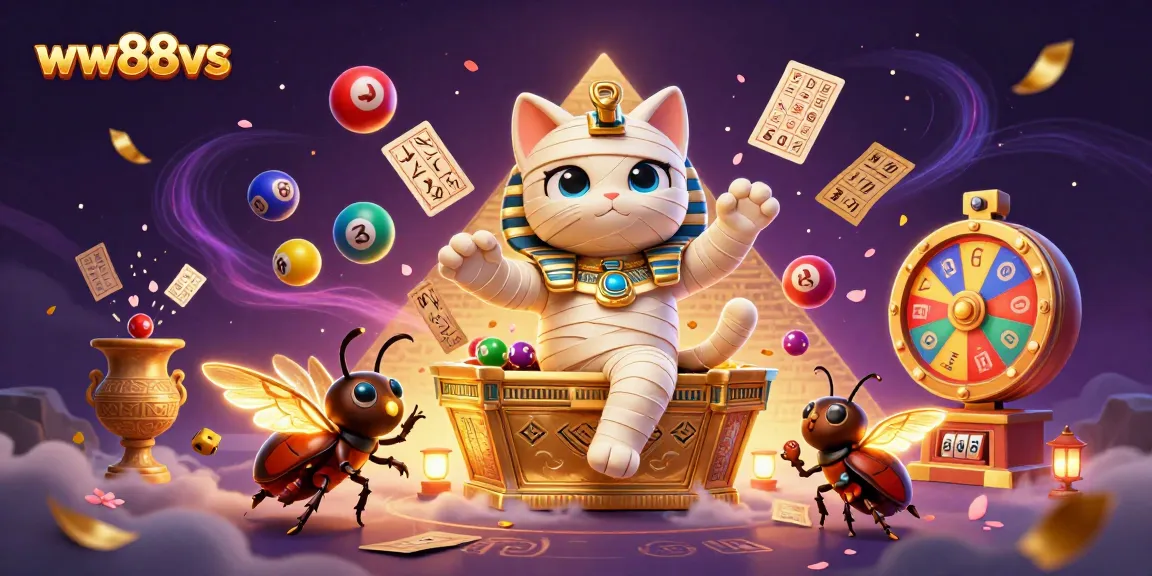 Engage with thrilling games at ww88vs, featuring a playful mummy cat in a dynamic casino illustration.