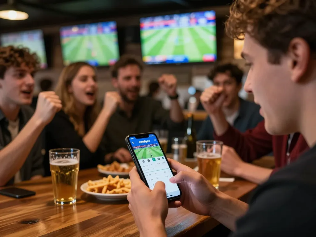 Engage with qq88pro sports betting excitement in a lively bar atmosphere with friends cheering.