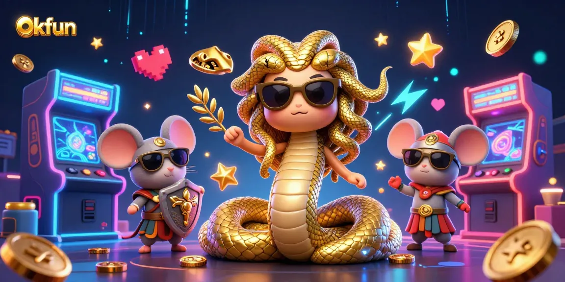 Spin and win with okfun in this vibrant casino-themed 3D illustration featuring lively characters.