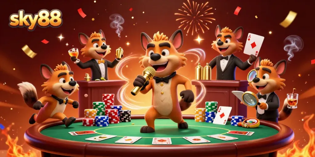 sky88 hyenas energy comedy casino scene with a bartender, and bouncer celebrating fun