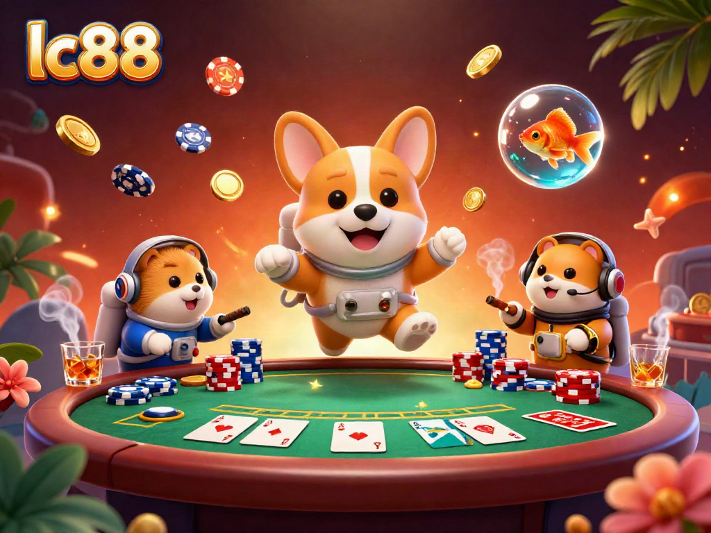 Experience thrilling gambling at lc88 with a floating corgi, colorful poker chips, and dynamic casino elements.