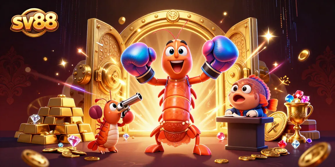Win big with sv88 in this vibrant 3D illustration featuring themed gambling characters and elements.