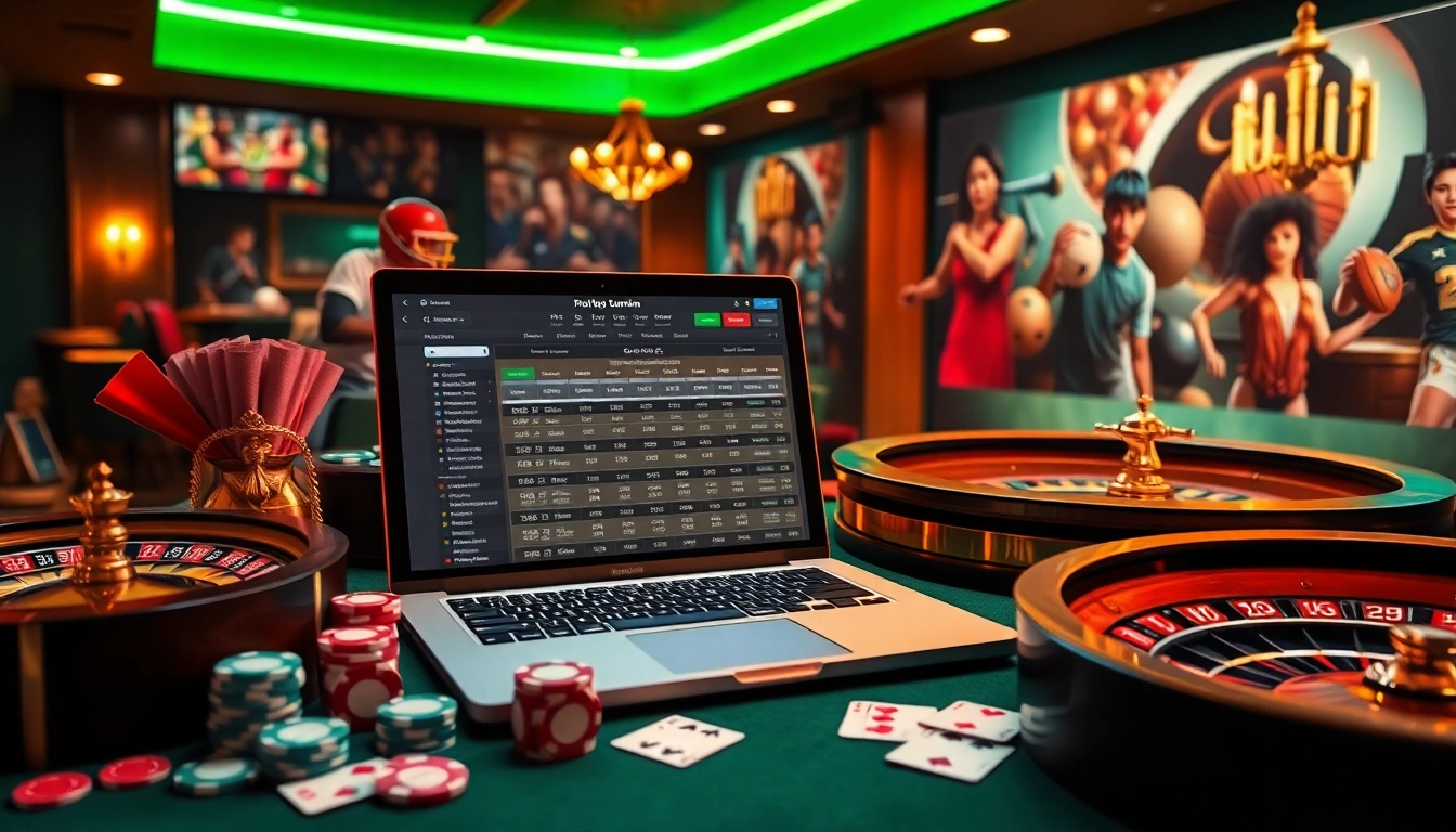Experience Thể thao Sunwin in a vibrant sports betting casino atmosphere with cards, chips, and a roulette wheel.